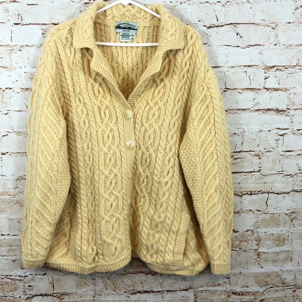 ARAN CRAFTS women 2XL wool knit cardigan button fisherman sweater Ireland pocket - Picture 2 of 7